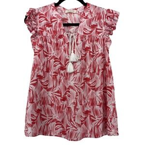 Doe and Rae Size Small Blouse Red White Tropical Boho Tassel Ruffle Top Vacation